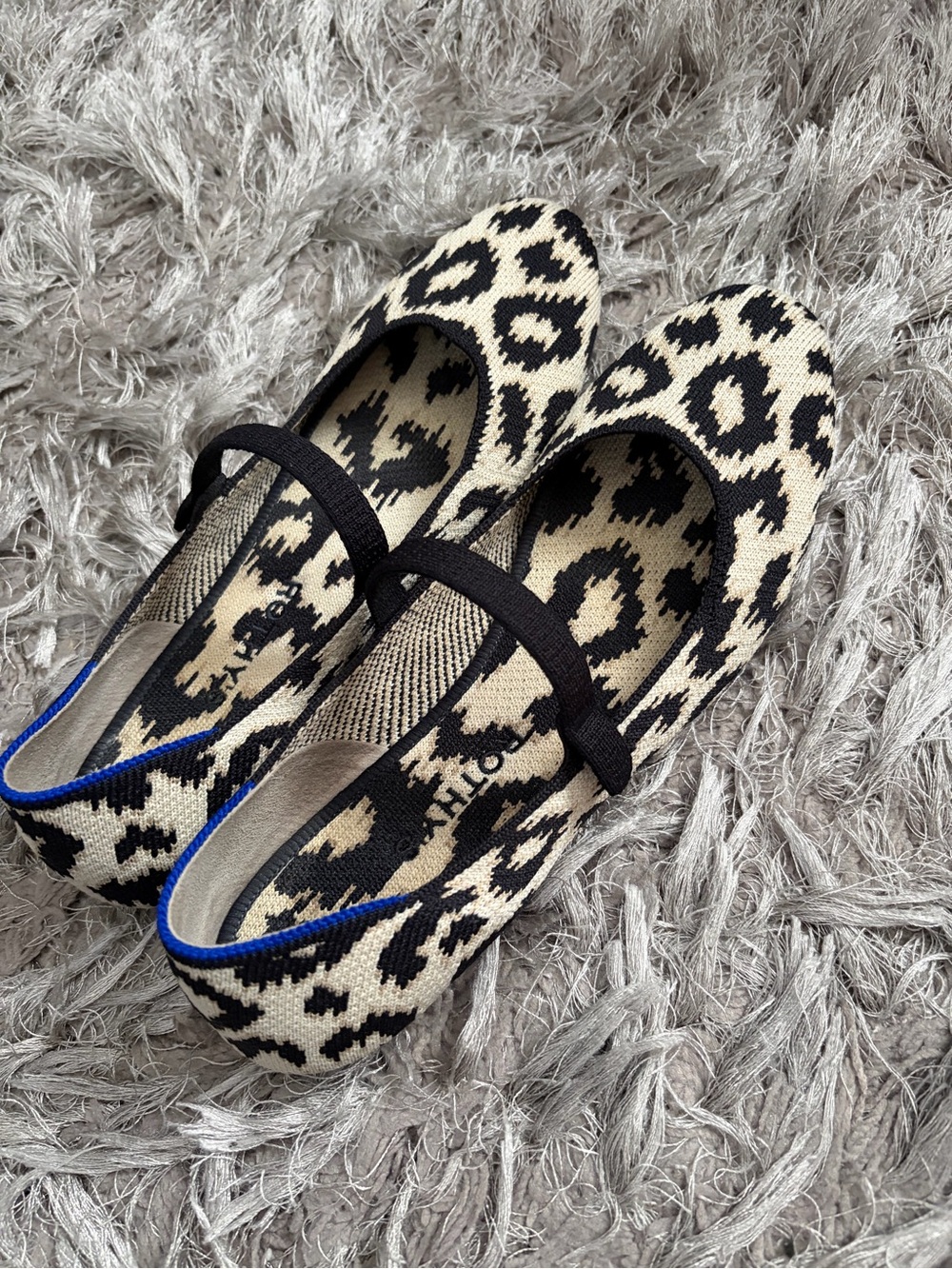 Rothy's Leopard Knit Mary Jane Flats in Black, Cream with Blue Trim